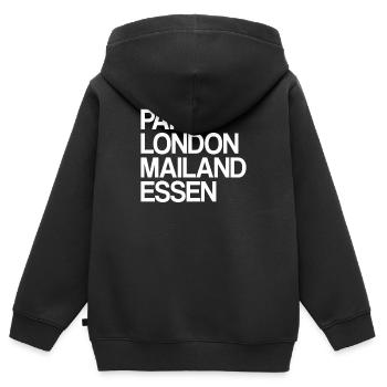 Essen Paris Londres Milan Accueil Cher Essener - Sweat Premium à capuche zippé enfant bio - noir - Dos - AI Model Kid Male (0cm)
