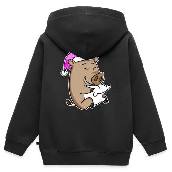 Sanglier avec oreiller et bonnet de couchage - Sweat Premium à capuche zippé enfant bio - noir - Dos - AI Model Kid Male (0cm)
