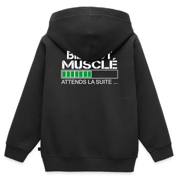 Bientot musclé (blanc et vert) - Sweat Premium à capuche zippé enfant bio - noir - Dos - AI Model Kid Male (0cm)