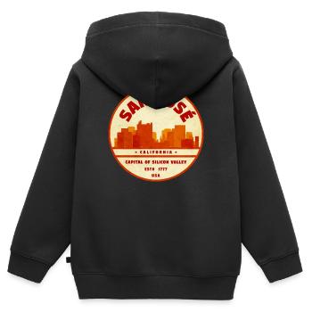 Insigne Rétro de la ville de San Jose California - Sweat Premium à capuche zippé enfant bio - noir - Dos - AI Model Kid Male (0cm)