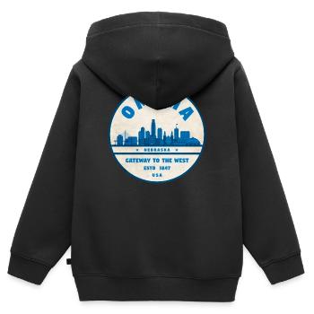 Omaha Skyline : Porte d’entrée vers l’Ouest - Sweat Premium à capuche zippé enfant bio - noir - Dos - AI Model Kid Male (0cm)