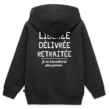 retraite, retraitée, prendre sa retraite - Sweat Premium à capuche zippé enfant bio - noir - Dos - AI Model Kid Male (0cm)