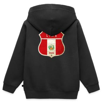 Design du drapeau de Lima (Pérou) - Sweat Premium à capuche zippé enfant bio - noir - Dos - AI Model Kid Male (0cm)