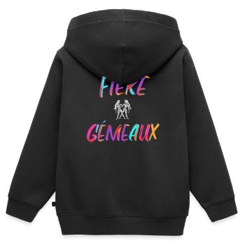 Fière gémeaux cadeau gémeaux signe zodiaque humour - Sweat Premium à capuche zippé enfant bio - noir - Dos - AI Model Kid Male (0cm)