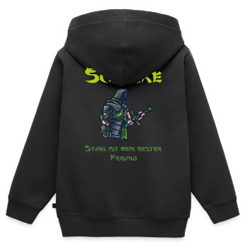 Stahl trifft auf Schatten | Das Schurken-Design - Kinder Premium Organic Zip Hoodie - Schwarz - Hinten - AI Model Kid Male (0cm)