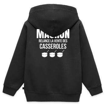 retraite, réforme des retraites, Macron - Sweat Premium à capuche zippé enfant bio - noir - Dos - AI Model Kid Male (0cm)