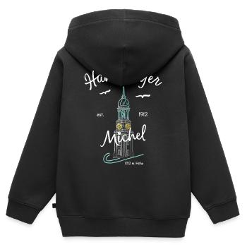 Hamburger Michel, Kirchturm, Deutschland - Kinder Premium Organic Zip Hoodie - Schwarz - Hinten - AI Model Kid Male (0cm)