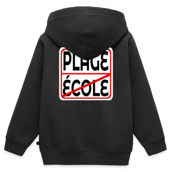 Début des vacances École PLAGE - Sweat Premium à capuche zippé enfant bio - noir - Dos - AI Model Kid Male (0cm)