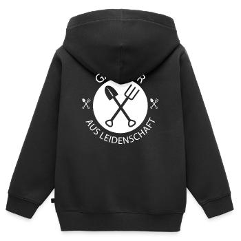jardinier jardin nature bêche fourche outils travail - Sweat Premium à capuche zippé enfant bio - noir - Dos - AI Model Kid Male (0cm)