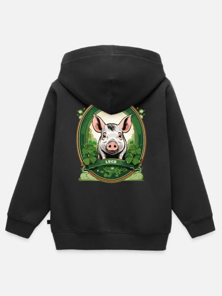 Glücksschwein mit Kleeblätter - Kinder Premium Organic Zip Hoodie - Schwarz
