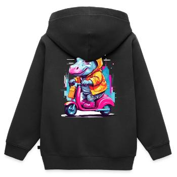 Nilpferd auf Roller - Kinder Premium Organic Zip Hoodie - Schwarz - Hinten - AI Model Kid Male (0cm)