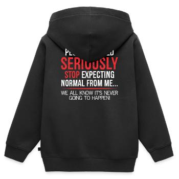 Die Menschen sollten ernsthaft aufhören, Normalität zu erwarten - Kinder Premium Organic Zip Hoodie - Schwarz - Hinten - AI Model Kid Male (0cm)