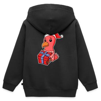 Huhn mit Weihnachtsmütze und Weihnachtsgeschenk - Kinder Premium Organic Zip Hoodie - Schwarz - Hinten - AI Model Kid Male (0cm)