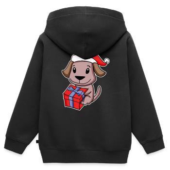 Hund mit Weihnachtsmütze und Weihnachtsgeschenk - Kinder Premium Organic Zip Hoodie - Schwarz - Hinten - AI Model Kid Male (0cm)