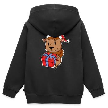 Bison mit Weihnachtsmütze und Weihnachtsgeschenk - Kinder Premium Organic Zip Hoodie - Schwarz - Hinten - AI Model Kid Male (0cm)