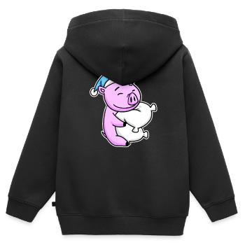 Schwein mit Kissen und Schlafmütze - Kinder Premium Organic Zip Hoodie - Schwarz - Hinten - AI Model Kid Male (0cm)