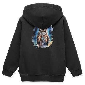 Hibou animal de pouvoir, sagesse, intuition, chamanique - Sweat Premium à capuche zippé enfant bio - noir - Dos - AI Model Kid Male (0cm)