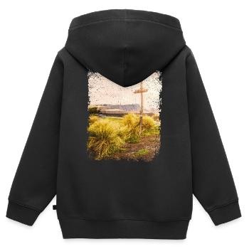 Holzkreuz in karger Landschaft | Jesus Cross - Kinder Premium Organic Zip Hoodie - Schwarz - Hinten - AI Model Kid Male (0cm)