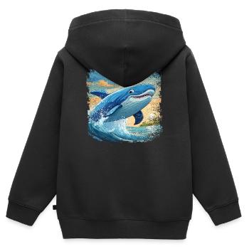 Le rorqual bleu saute hors de l’eau et sourit - Sweat Premium à capuche zippé enfant bio - noir - Dos - AI Model Kid Male (0cm)