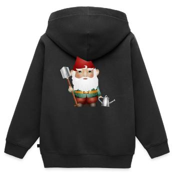 Nain de jardin avec arrosoir et bêche dans le jardin - Sweat Premium à capuche zippé enfant bio - noir - Dos - AI Model Kid Male (0cm)
