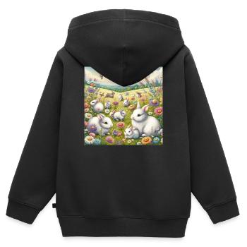 Lapins dans un champ de fleurs - Sweat Premium à capuche zippé enfant bio - noir - Dos - AI Model Kid Male (0cm)