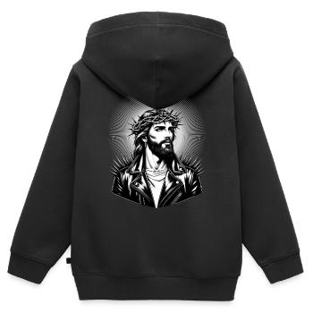 Jesus Christus mit stylischer Frisur & Lederjacke - Kinder Premium Organic Zip Hoodie - Schwarz - Hinten - AI Model Kid Male (0cm)
