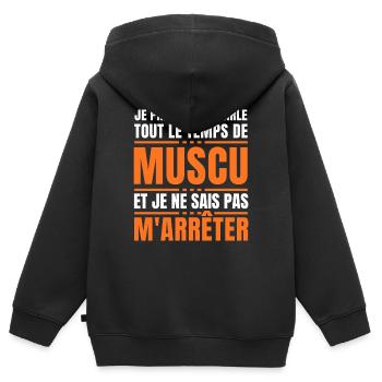 Ich warne mich, dass ich die ganze Zeit über Krafttraining spreche - Kinder Premium Organic Zip Hoodie - Schwarz - Hinten - AI Model Kid Male (0cm)