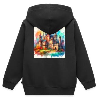 Château médiéval - Sweat Premium à capuche zippé enfant bio - noir - Dos - AI Model Kid Male (0cm)
