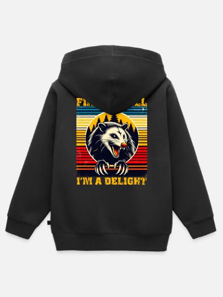 First Of All, I Am a Delight, Retro Opossum - Kids Premium Organic Zip-up Hoodie - black