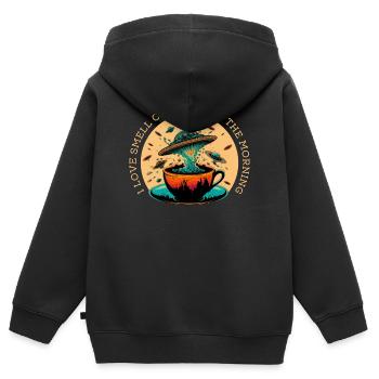 Ich liebe den Geruch Von Kaffee Am Morgen - Kinder Premium Organic Zip Hoodie - Schwarz - Hinten - AI Model Kid Male (0cm)