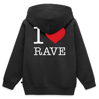 I LOVE RAVE - Kinder Premium Organic Zip Hoodie - Schwarz - Hinten - AI Model Kid Male (0cm)