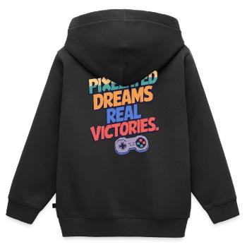 PIXELIGE TRÄUME, ECHTE SIEGE - Kinder Premium Organic Zip Hoodie - Schwarz - Hinten - AI Model Kid Male (0cm)