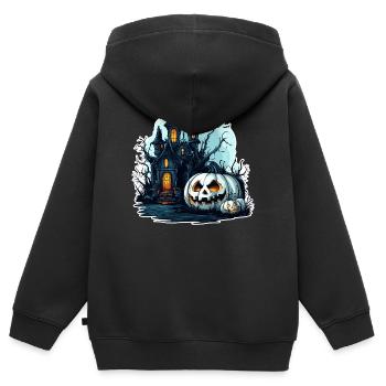 Maison hantée avec des citrouilles lumineuses - Sweat Premium à capuche zippé enfant bio - noir - Dos - AI Model Kid Male (0cm)