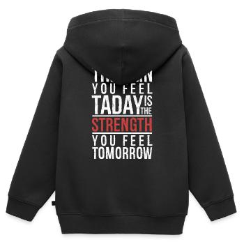 Der Schmerz, den du heute fühlst, ist die Kraft - Kinder Premium Organic Zip Hoodie - Schwarz - Hinten - AI Model Kid Male (0cm)