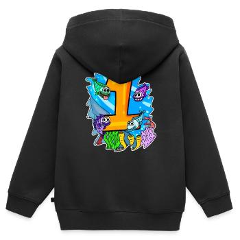 Numéro 1 Numéro Un - Motif Poissons - Sweat Premium à capuche zippé enfant bio - noir - Dos - AI Model Kid Male (0cm)