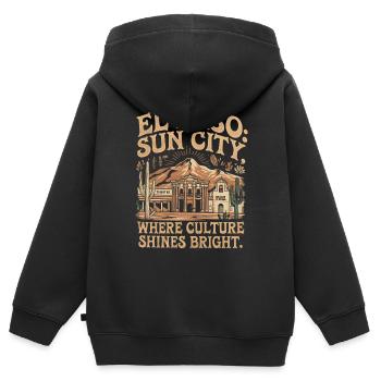 EL PASO : UNE VILLE ENSOLEILLÉE OÙ LA CULTURE BRILLE - Sweat Premium à capuche zippé enfant bio - noir - Dos - AI Model Kid Male (0cm)