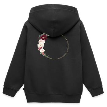 Burgund, Weiß, Rosa, Blumekranz, personalisierbar - Kinder Premium Organic Zip Hoodie - Schwarz - Hinten - AI Model Kid Male (0cm)