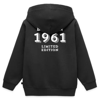 1961, date de naissance, 63 ans, naissance - Sweat Premium à capuche zippé enfant bio - noir - Dos - AI Model Kid Male (0cm)