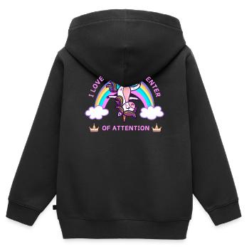 Unicorn Ich liebe es, im Mittelpunkt der Aufmerksamkeit zu stehen - Kinder Premium Organic Zip Hoodie - Schwarz - Hinten - AI Model Kid Male (0cm)