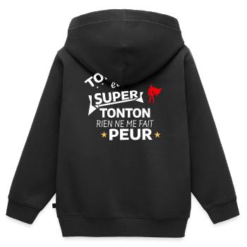 Hommage Humoristique de Super Tonton - Sweat Premium à capuche zippé enfant bio - noir - Dos - AI Model Kid Male (0cm)