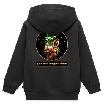 Glücksschwein mit Shamrock und Münzen - Kinder Premium Organic Zip Hoodie - Schwarz - Hinten - AI Model Kid Male (0cm)