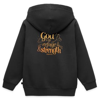 God is our refuge and strength - Kinder Premium Organic Zip Hoodie - Schwarz - Hinten - AI Model Kid Male (0cm)