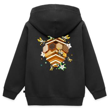 Ruche envahie par les abeilles et les pommiers en fleurs - Sweat Premium à capuche zippé enfant bio - noir - Dos - AI Model Kid Male (0cm)
