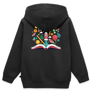 Offenes Buch mit Schulobjekten, Lernen und Pädagogik - Kinder Premium Organic Zip Hoodie - Schwarz - Hinten - AI Model Kid Male (0cm)