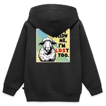 Moutons « Ne me suis pas – moi aussi je suis perdu ! » - Sweat Premium à capuche zippé enfant bio - noir - Dos - AI Model Kid Male (0cm)