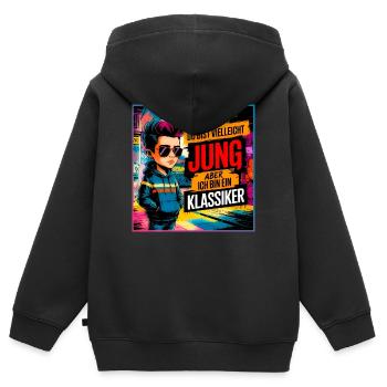 Du bist vielleicht jung aber ich bin ein Klassiker - Kinder Premium Organic Zip Hoodie - Schwarz - Hinten - AI Model Kid Male (0cm)