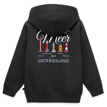 Beaucoup de mer Pilsum, Borkum, dessin Frise orientale - Sweat Premium à capuche zippé enfant bio - noir - Dos - AI Model Kid Male (0cm)
