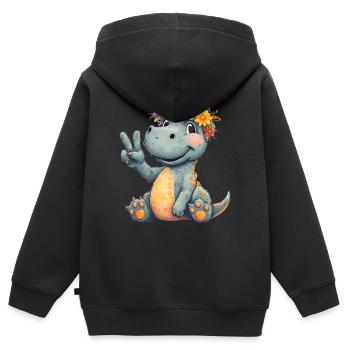Fröhliches Dinosaurier mit Blumenkranz - Kinder Premium Organic Zip Hoodie - Schwarz - Hinten - AI Model Kid Male (0cm)