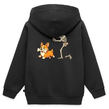 Humour Squelette Poursuit Chien Corgi - Sweat Premium à capuche zippé enfant bio - noir - Dos - AI Model Kid Male (0cm)