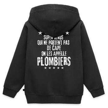SUPER HEROS PAS DE CAPE PLOMBIERS - Sweat Premium à capuche zippé enfant bio - noir - Dos - AI Model Kid Male (0cm)
